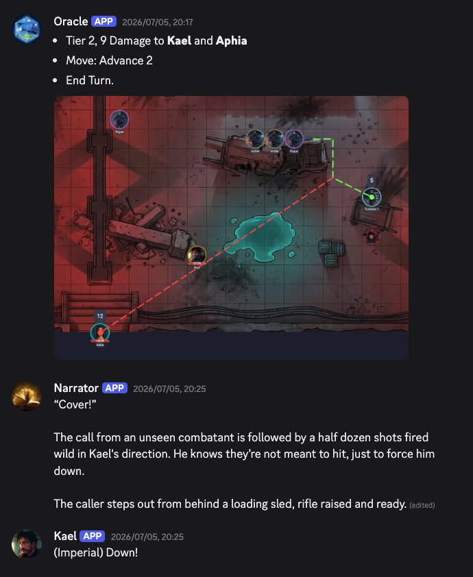 A Fable Smith combat in Discord: the Oracle resolving an enemy's turn on a battle map, then the Narrator describing what happens next